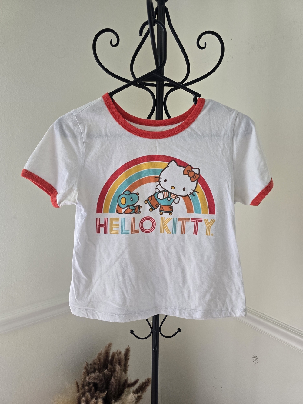 Hello Kitty White Tee with Red Trim and Rainbow Graphic